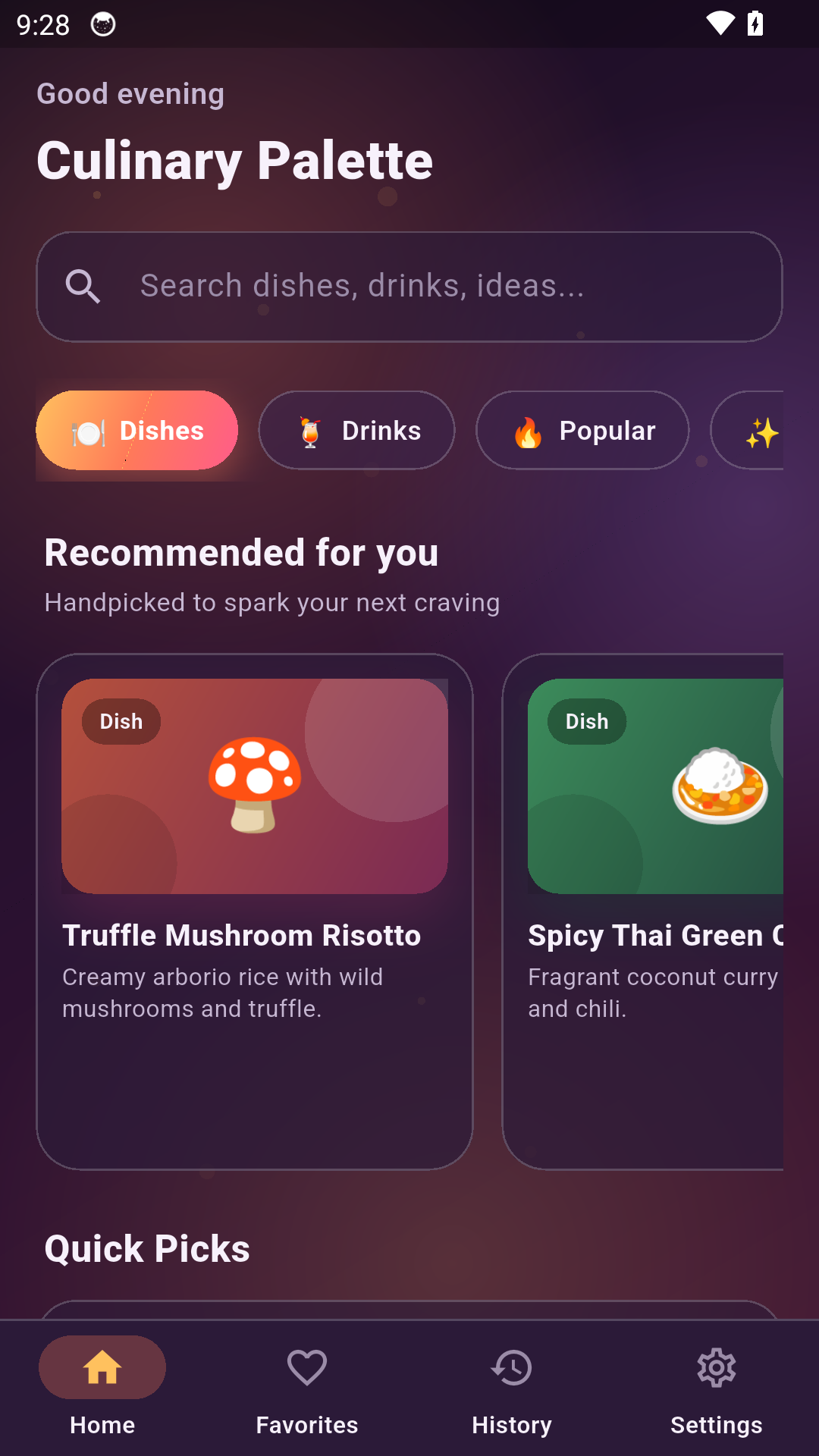 Culinary Palette recommendations screen